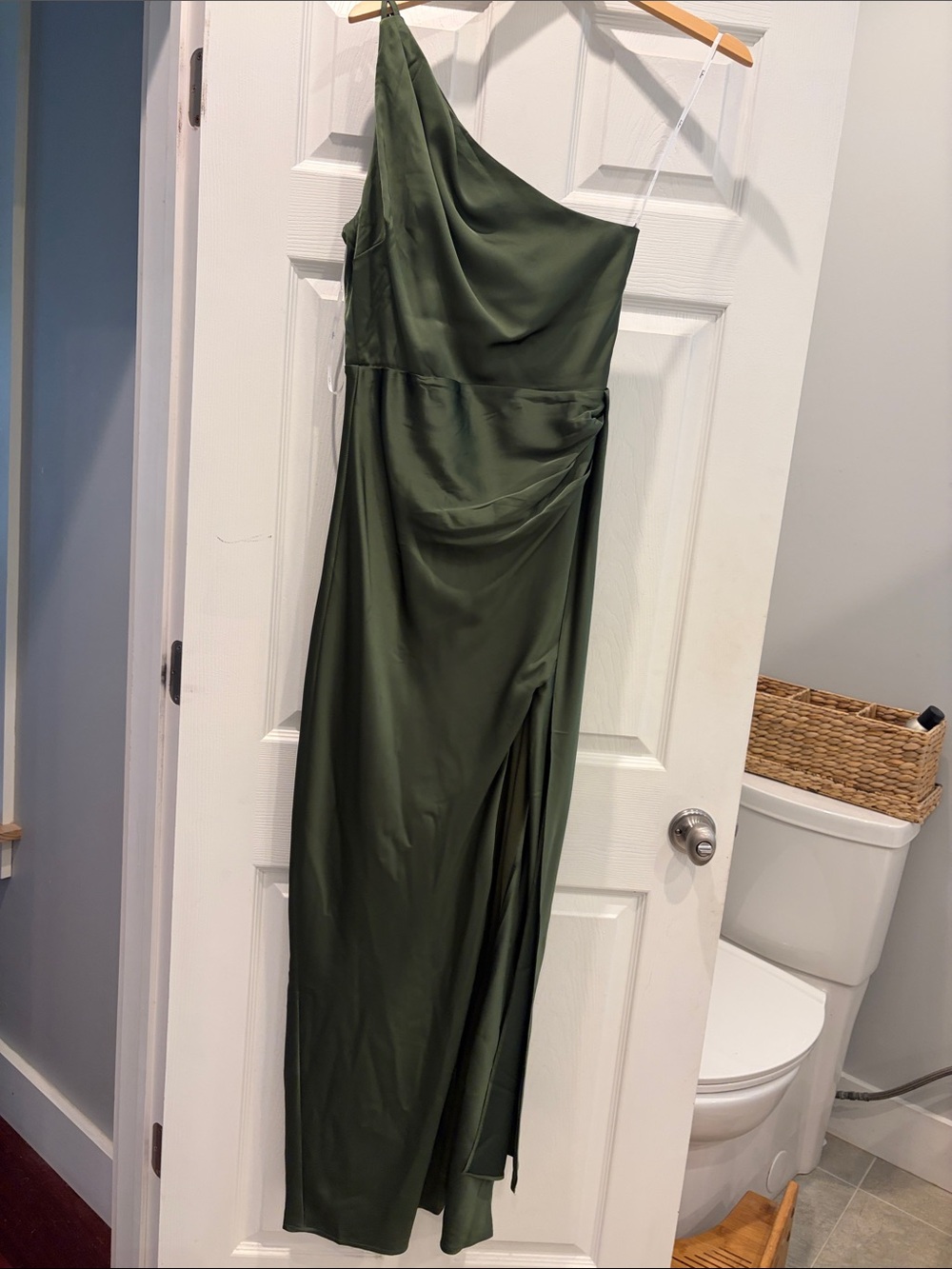 Asymmetric One-Shoulder Olive Green Satin Dress